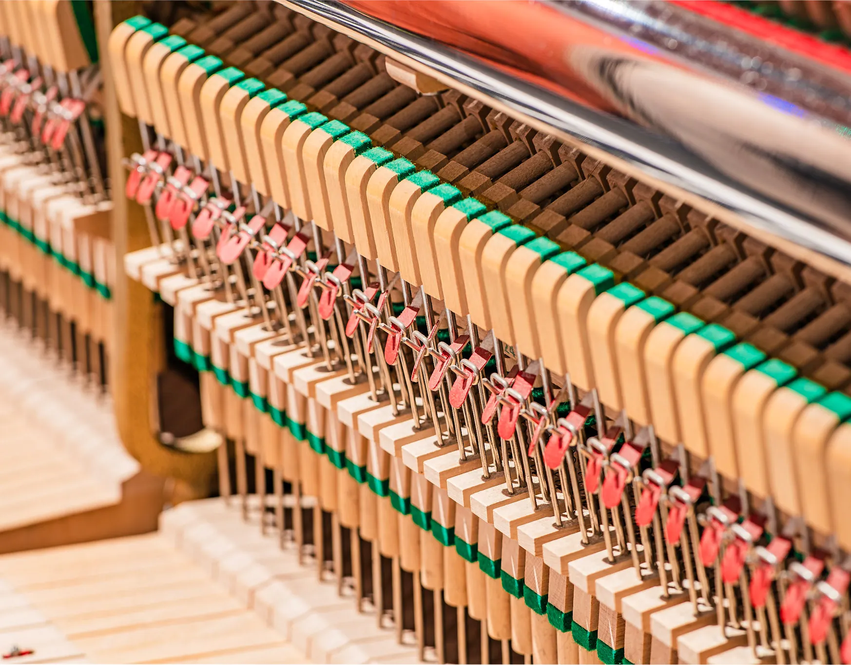 The hammers and dampers of an upright piano action