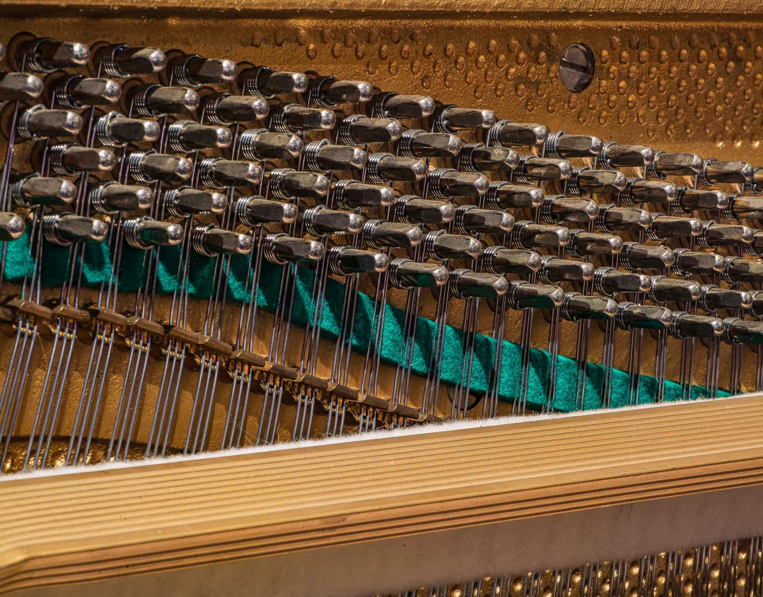 Rows of tuning pins and strings inside an upright piano